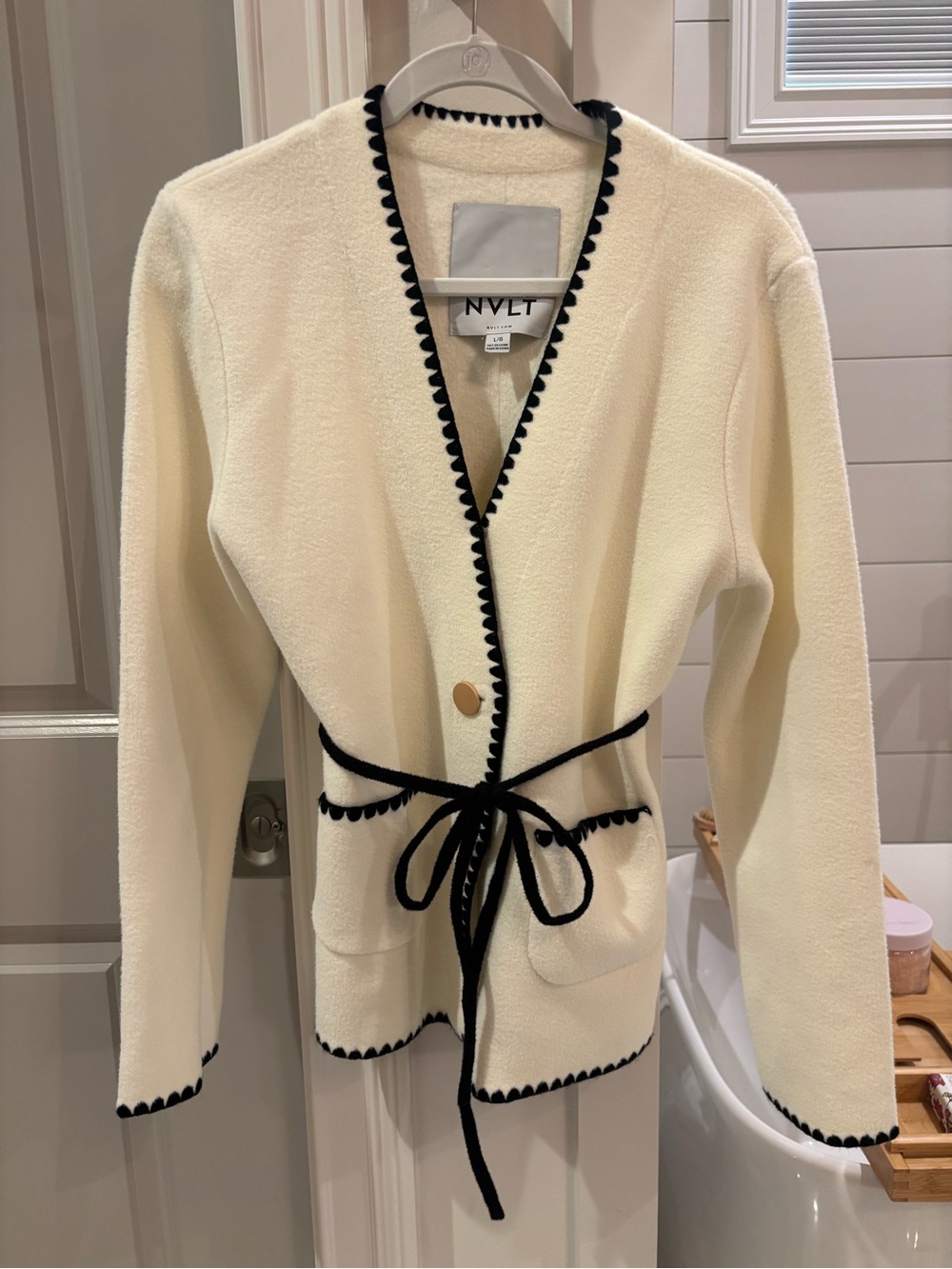 Anthropology Cream Cardigan with Black Trim and Tie Waist - Picture 2 of 5